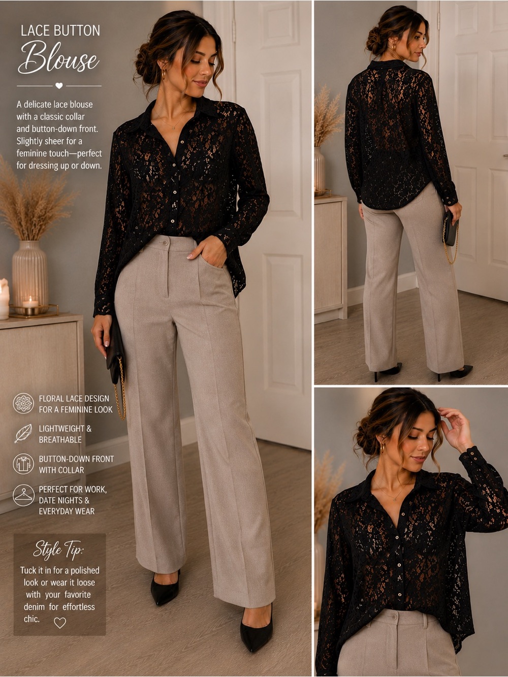 BOLD elements Black Lace Button-Down Shirt